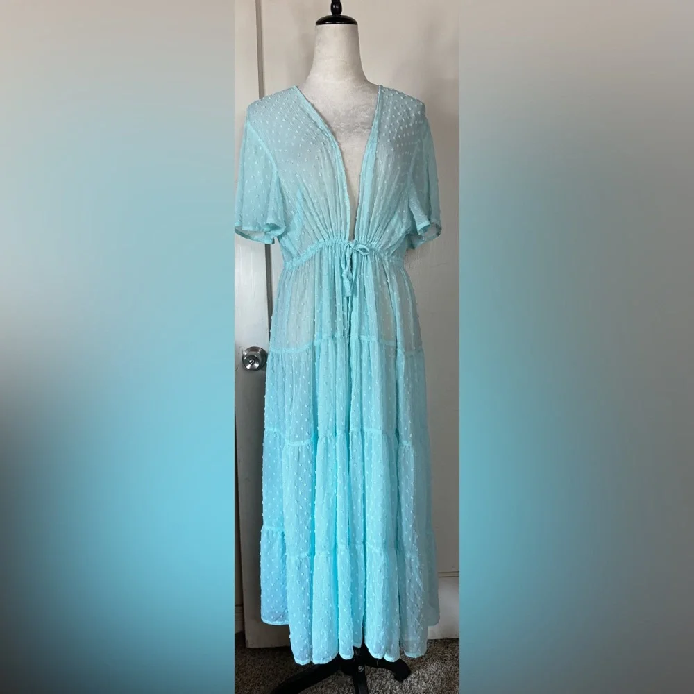 Torrid Baby Blue Robe Retro Polka Dot Lounge Feminine Romantic Chiffon Wedding - Picture 14 of 15
